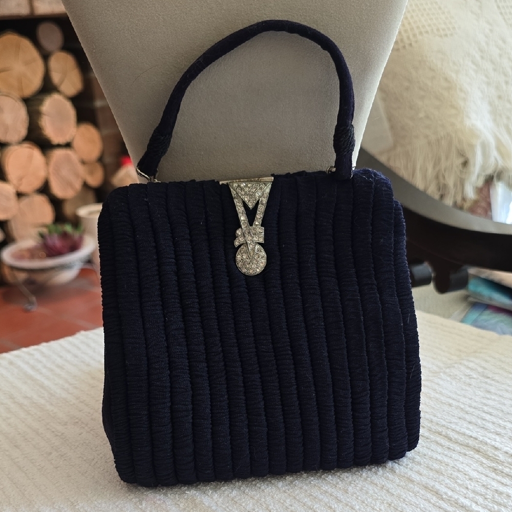 Navy Art Deco 1940s Evening Handbag with Silver Hardware & Bonus Coin Purse